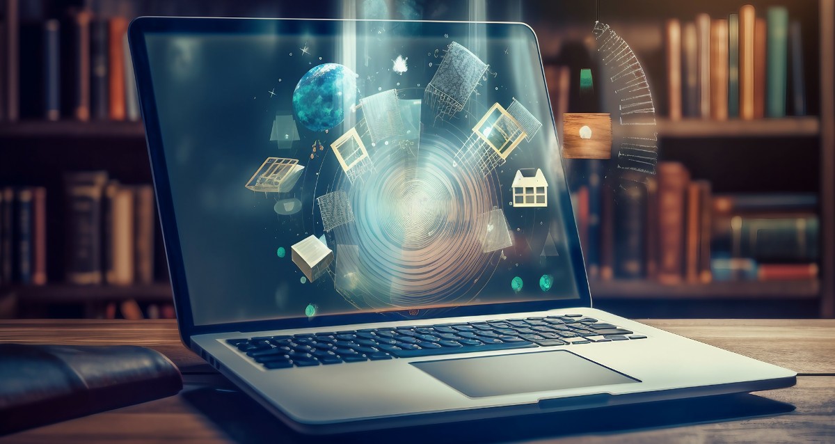 cursuri online, laptop pe birou intr-o biblioteca, concept | mindclass